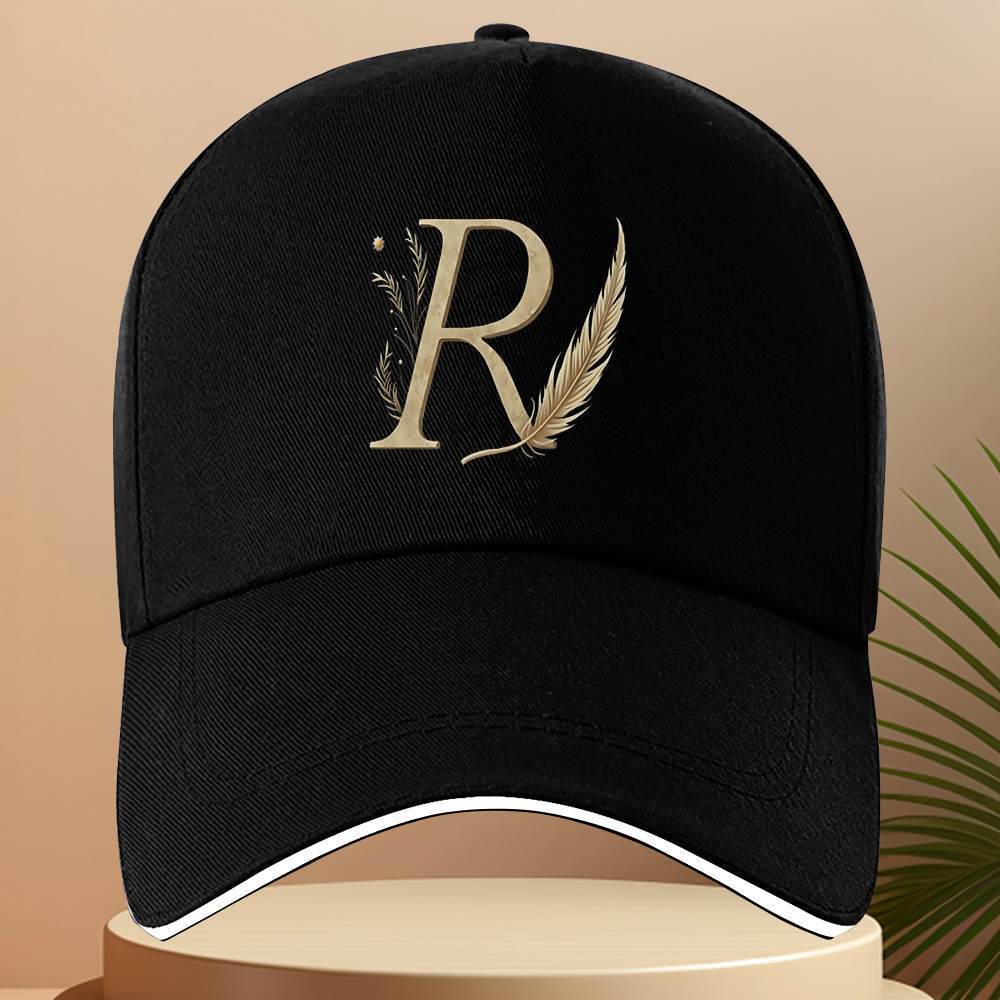 TEMU 1pc Golden "r" Letter With Plants & Feather Printed Adjustable Baseball Cap - Lightweight Travel Cap Suitable For , Machine Washable, Valentine'