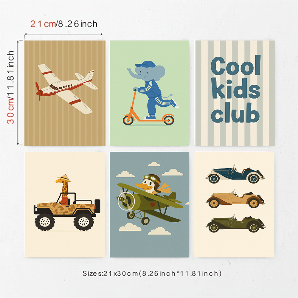 TEMU 2d Flat, 2d Flat, 2d Flat 6pcs Retro Animal Vehicle Wall Art, Canvas Poster, Frameless For Nursery, Game Room, And Bedroom Decor