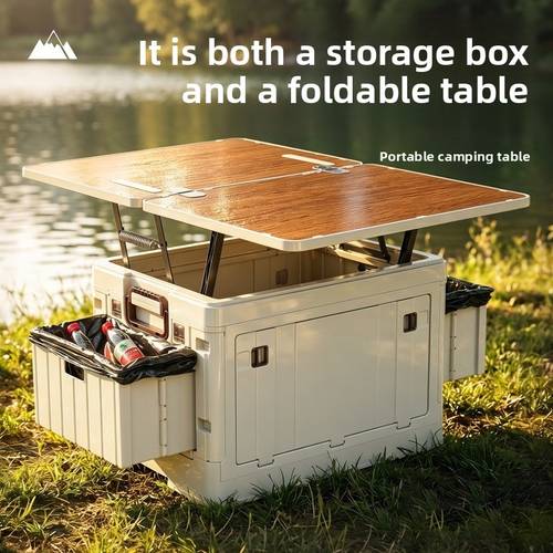 adjustable height multi functional outdoor storage box with table top collapsible patio deck box with side drawers waterproof all weather resin organizer for camping backyard picnic lightweight cabinet rack for outdoor