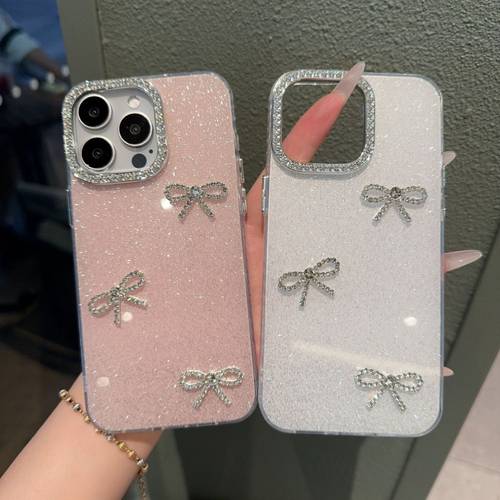 phone case pink bow glitter phone case suitable for iphone 16 pro max 15 pro 14 plus 13 12 11 a protective cover with diamond encrusted lens