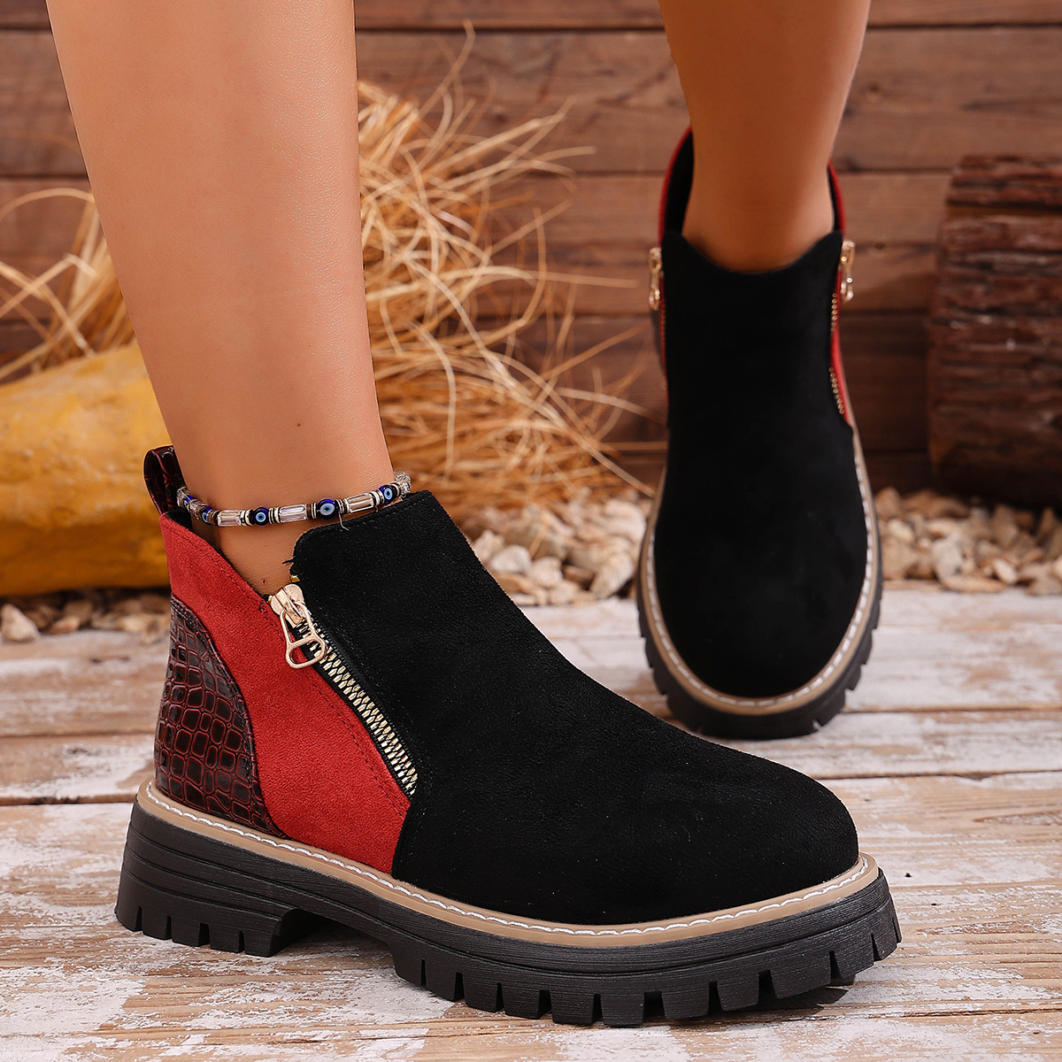 Image of Women's Autumn Winter New Solid Color Round Toe Color Block Double Zipper Thick Sole Chunky Heel Ankle Boots, European And Fashion Versatile Casual Boots, Women Shoes