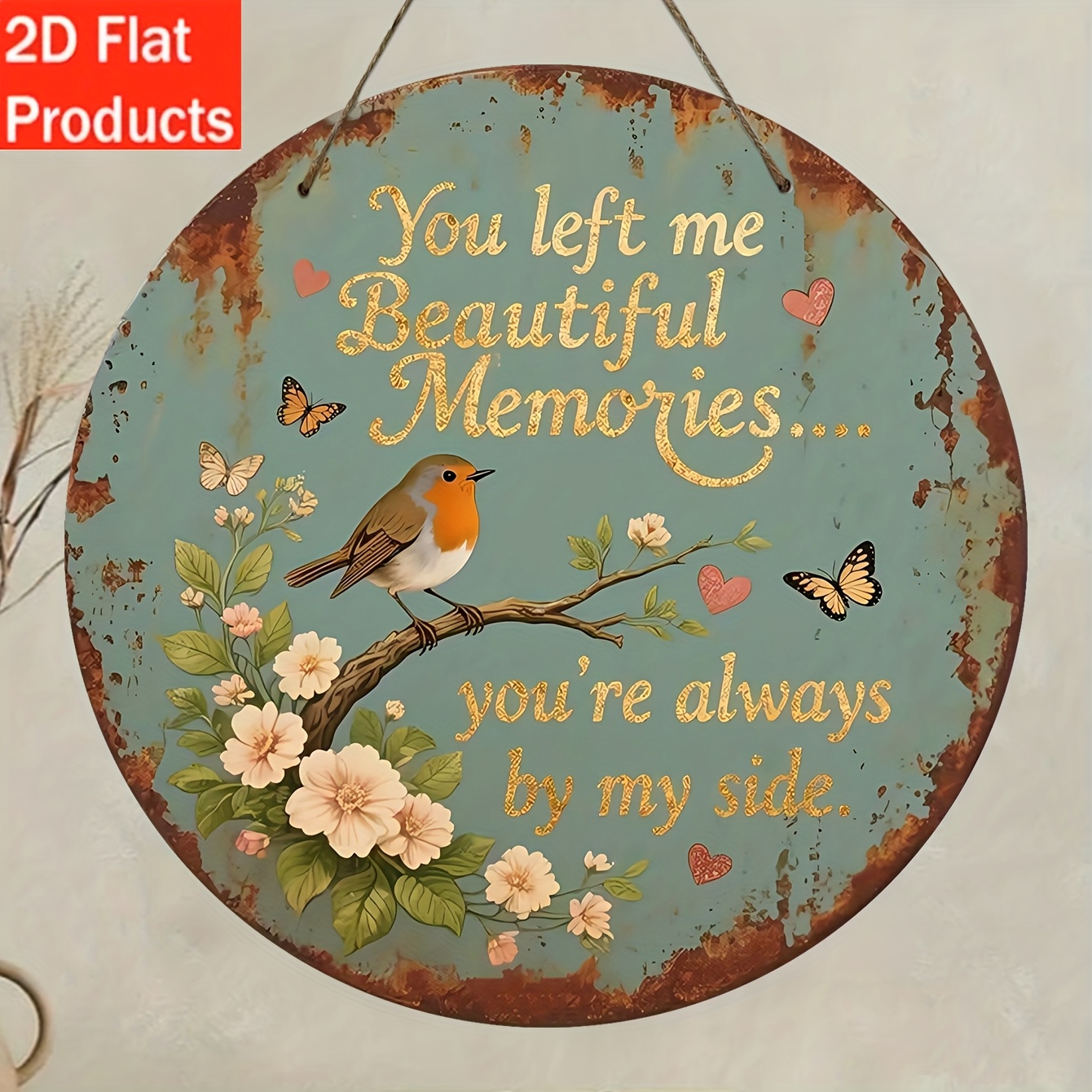 TEMU 2d Flat - A 2d Decorative Plaque And Ornament, A Vintage Wooden Memorial Sign Featuring A Robin And The Quote 'beautiful Memories' - A Mourning