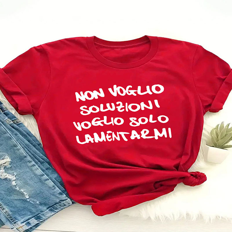 

Women's Red "non Soluzioni, Sole Arm" Italian Quote T-shirt - Casual Short-sleeve Crew Neck, Polyester, Machine Washable - Expressing