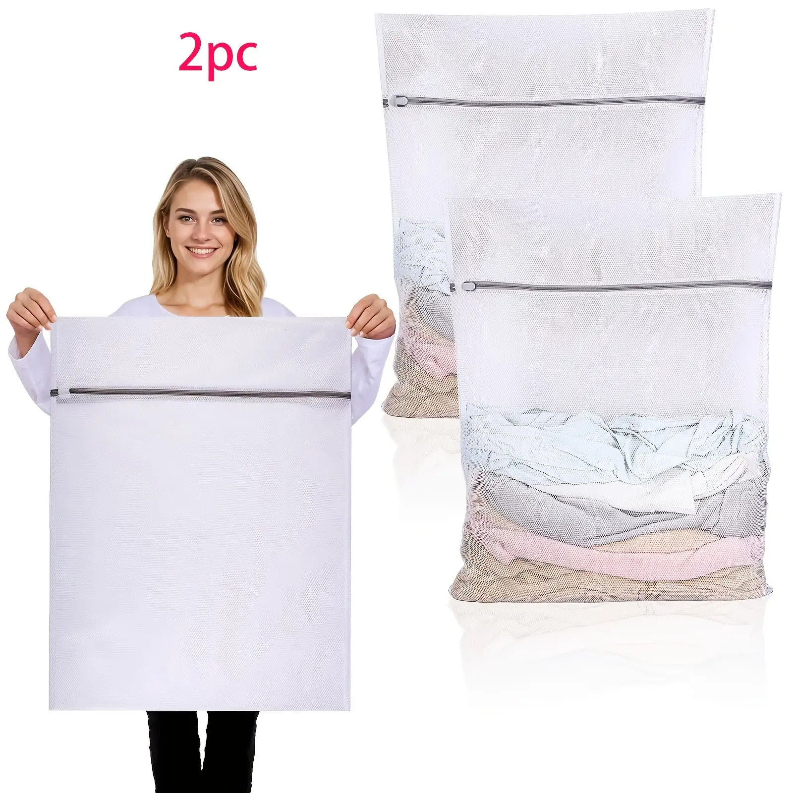 TEMU Set Of 2 Large White Laundry Bags | 23.62 .62 Inches, Reusable Zippered Laundry Bags To Prevent Deformation, Suitable For Shirts, Sweaters,