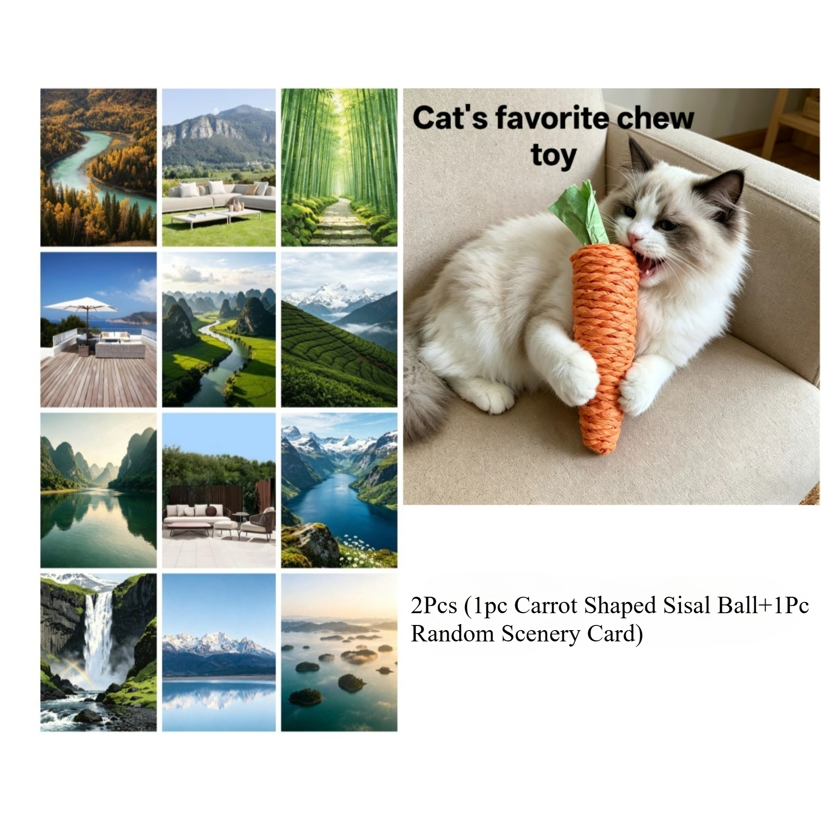 TEMU 2pcs (1pc Carrot Shaped Sisal Ball+1pc Random Scenery Card), Toy, Cat Chew Toy With Paper Rope And Carrot Sisal Ball, Self-entertainment Chewing