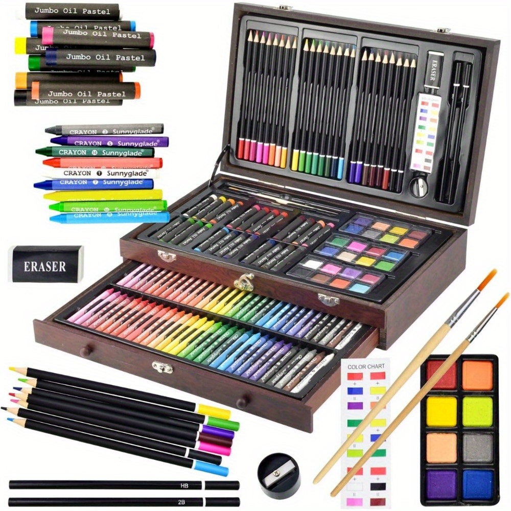 

145pcs Art Set Wooden - Includes Crayons, Oil Pastels, Colored Pencils, & - Non-toxic, Safe - To