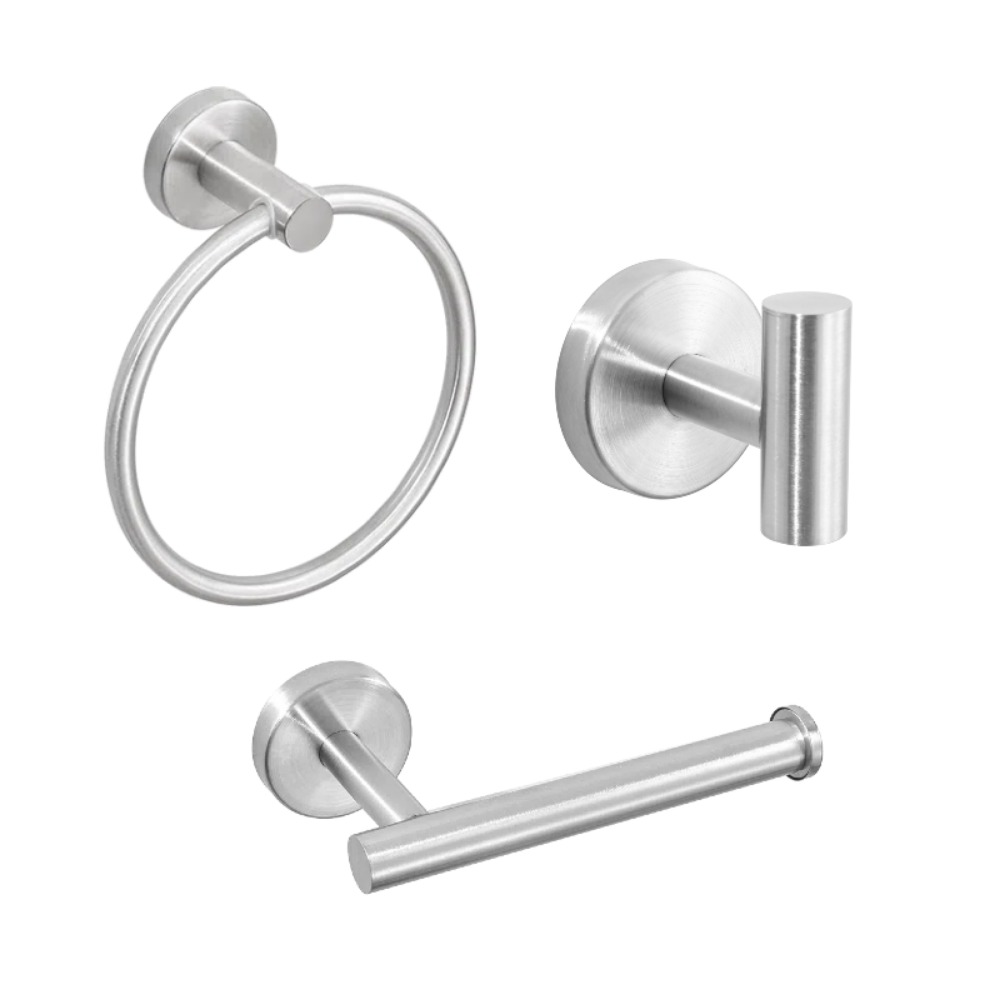 TEMU 3pcs Set Wall Mounted Matte Black, Brushed Silvery Bathroom Hardware Set Stainless Steel Towel Bar Towel Ring Paper Rack Hook Modern Bathroom