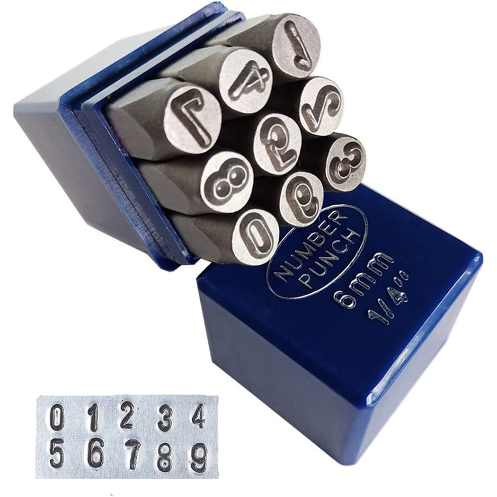 E-shop 9-teiliges 1/4-Zoll Metallzahlenstanz-Set, 6mm Stahl-Stanzformen-Kit, geeignet für Leder, Messing kohlenstoffarme mit Zahlen 0-9