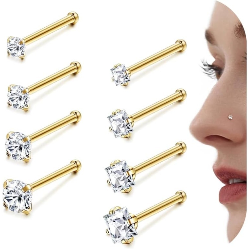 Set Of 8 Hypoallergenic Nose Studs In 18g And 20g Made From Surgical Stainless Steel, Featuring Cubic Zirconia, Suitable For Men And Women, In Sizes 1.5mm, 2mm, 2.5mm, And 3mm
