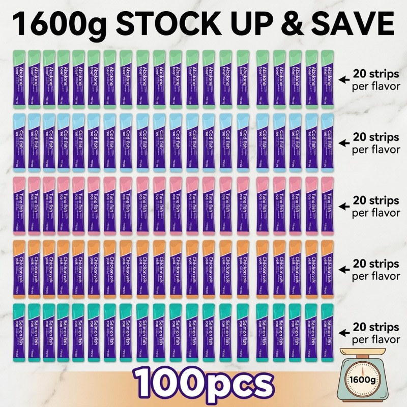 100pcs cat snacks one weighing 0 56oz 16g cat fattening nutrition strip 20 mixed cat strips in each of five flavors chicken egg yolk salmon fish roe cod fish roe abalone beef   roe Product details 5