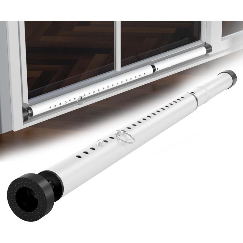 heavy duty sliding door security bar adjustable 17 50 inch length 400 lb capacity white black metal theft barrier with spring mechanism   for glass doors patio apartment bedroom pet locking system sturdy 1 diameter black painted metal 3 step setup   ideal for sliding glass doors compatible with doors door track