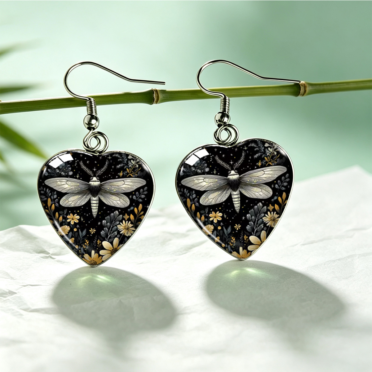3-Pair Unisex Dark-Themed Moth, Butterfly, and Floral Heart-Shaped Earring Set