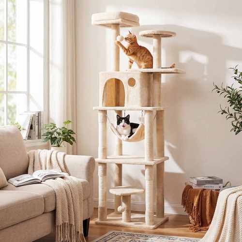 cat tree tower 2 perch hammock condo natural sisal coated scratching posts 2 dangling pompoms