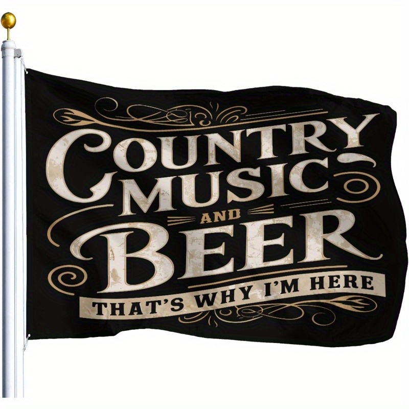 E-shop 1 Stück Vintage Country Music Bier Flagge - Goldene Schrift auf schwarzem Hintergrund -Motto "Country Music Bier, Deshalb bin ich ". für