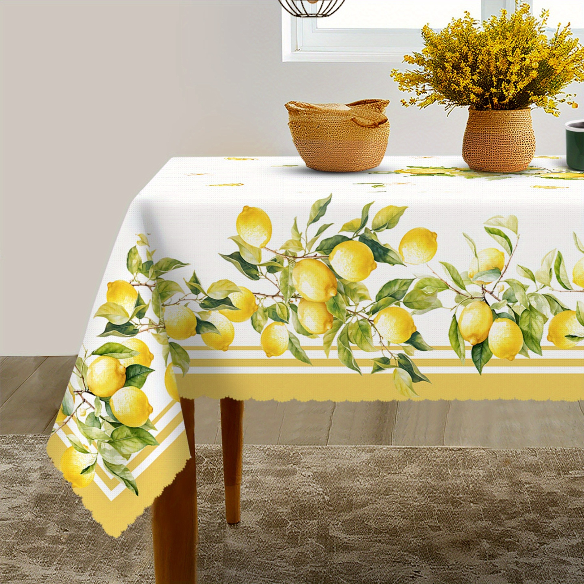 TEMU Spring And Summer Lemon Tablecloth, Featuring Lemon And Leaf Design, Spring And Summer Decoration, Lemon-themed Decor, Rectangular Tablecloth.