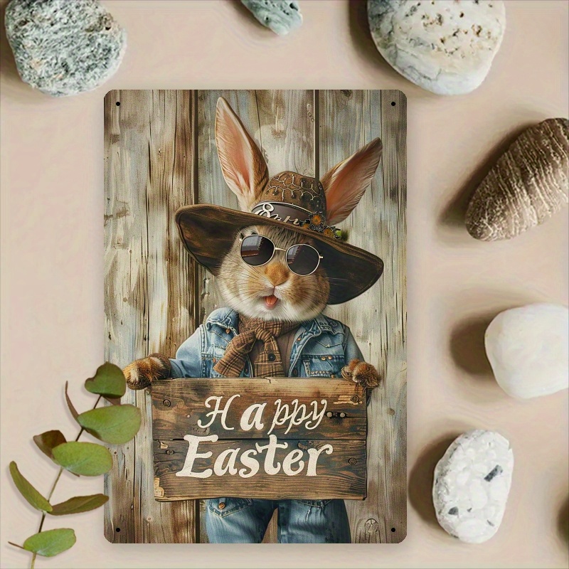 1pc Vintage Cowboy Easter Bunny Iron Wall Plaque, 8x12 Inches - Rustic Metal Sign for * Decor, Kitchen &amp; Dining Room Accents, Western Home Decor