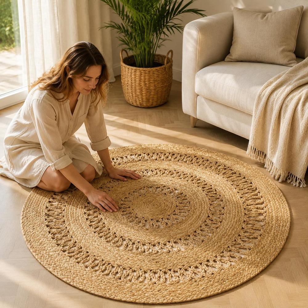 Image of Jute Rug, Natural Braided Round Area Rug For Living Room Bedroom, Durable Floor Mat, 90cm Diameter