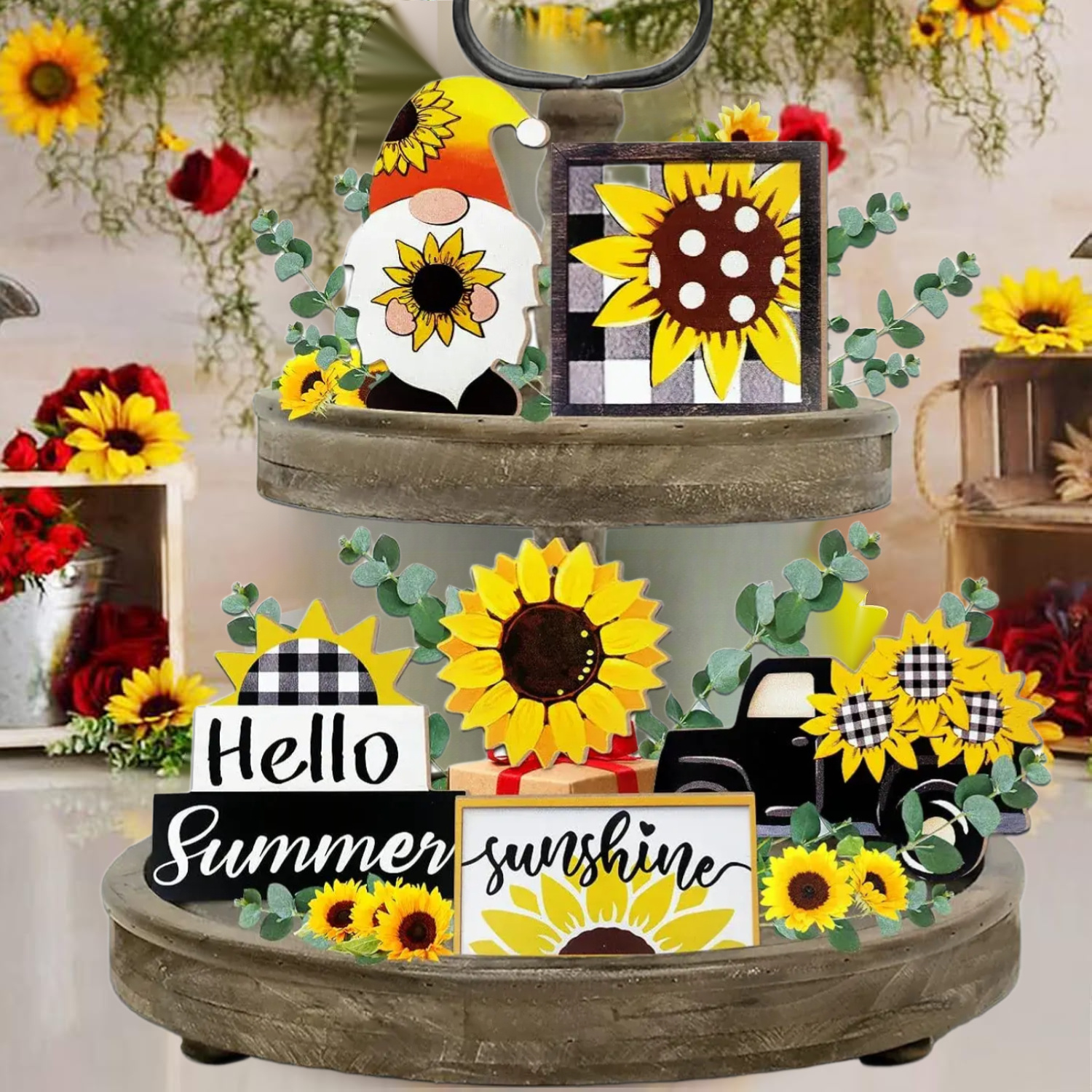 TEMU Summer Tiered Tray Decor, Farmhouse Sunflower Tray Decorations, Summer Sunflower Gnome Sunshine Truck Wooden Signs, Rustic Home Decor For Table Mantel Office Party