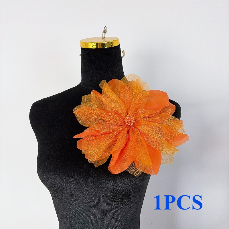 TEMU 1pc, 24cm/9.45in Wide, Fashionable Light Luxury Mesh Orange Diy Three-dimensional Corsage With Lace Trim, Holiday Diy Corsage Hair Accessory And