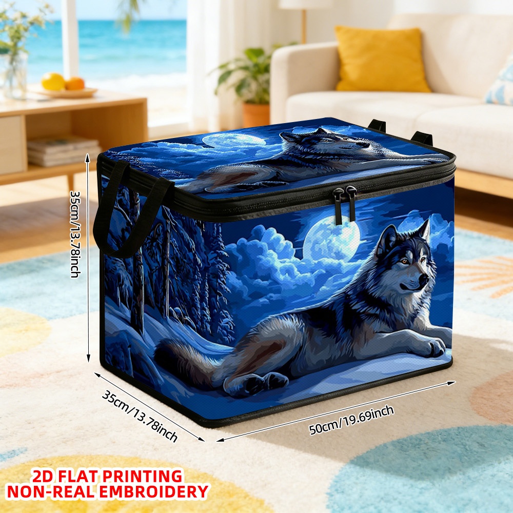 TEMU [2d Flat] 1pc Large Capacity Storage Basket With Snowy Wolf Design, Shelf Baskets, Clothing Storage Basket | Durable Polyester Rectangular