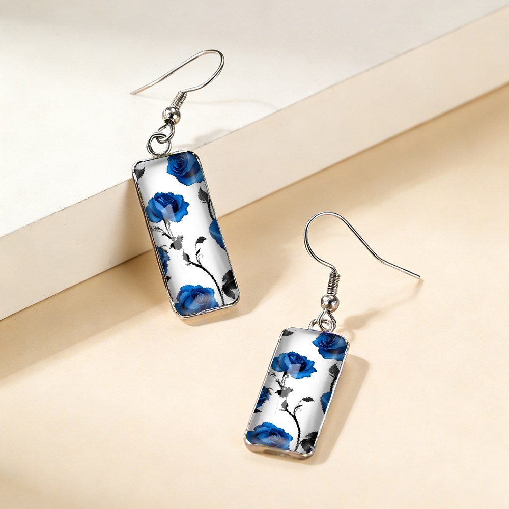 1 Pair of Rectangular Dangle Earrings with Rose Patterns