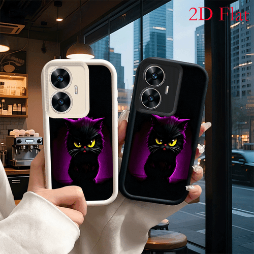 Handyhülle: Schwarze Katzenmuster 2D-Flachhülle, passend für Realme 10 Pro/11/12/14/14X/15 Pro/C21/C25Y/C30S/C31/C33/C35/C51/C53/C55/C63/C65/C67/C71/C75/C75X/Note Ladder TPU-Weichhülle, klassische zweifarbige schwarz-weiße sturzsichere hochwertige Vollabdeckung-Schutzhülle, neue Unisex