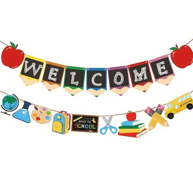 TEMU Welcome Banner For Classroom Door - Back To School Decorations With Colorful Letters, School Bus, Books & Pencils Cutouts - First Day Of School