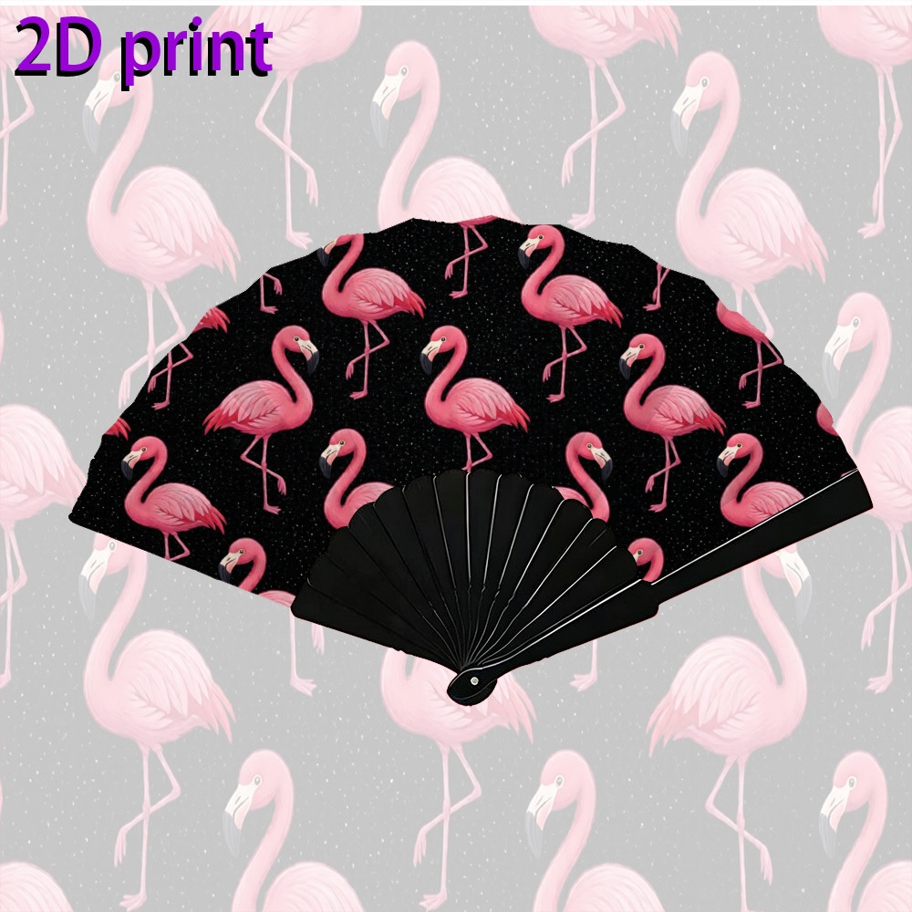 TEMU Single Piece, Handheld Folding Fan For Men And Women, Rose Pink Flamingo Pattern All Over, Suitable For Dance, Photo Shoots, Parties, And Balls,