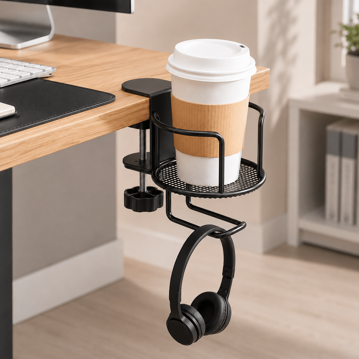 TEMU Clamp-on Desk Cup Holder With Headphone Hanger, Metal Desktop Drink Holder, No-drill Space-saving Beverage Organizer For Coffee Mugs, Water