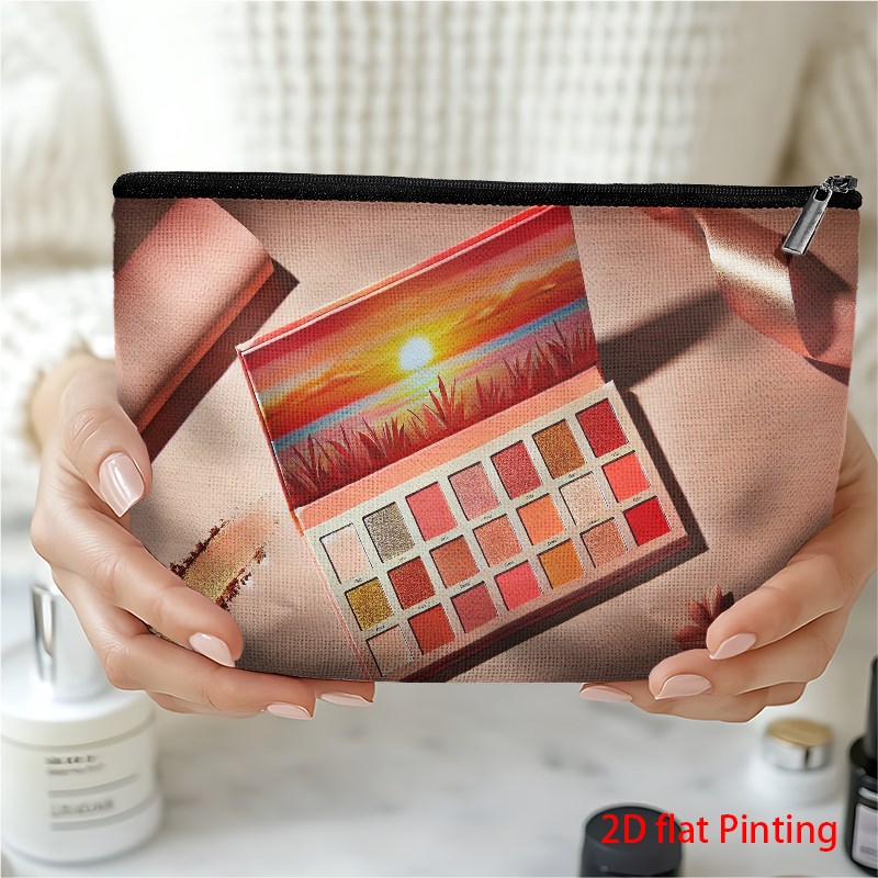 1 stuk Coral Sunset Oogschaduwpalet & Make-uptas - Draagbare Cosmetic Organizer voor Vrouwen met Oogschaduw Tinten, Duurzaam Linnen Reisetui, Rits Dagelijks Gebruik Opslag voor Beauty Onderweg, Ideaal Cadeau (voor vrouwen &)