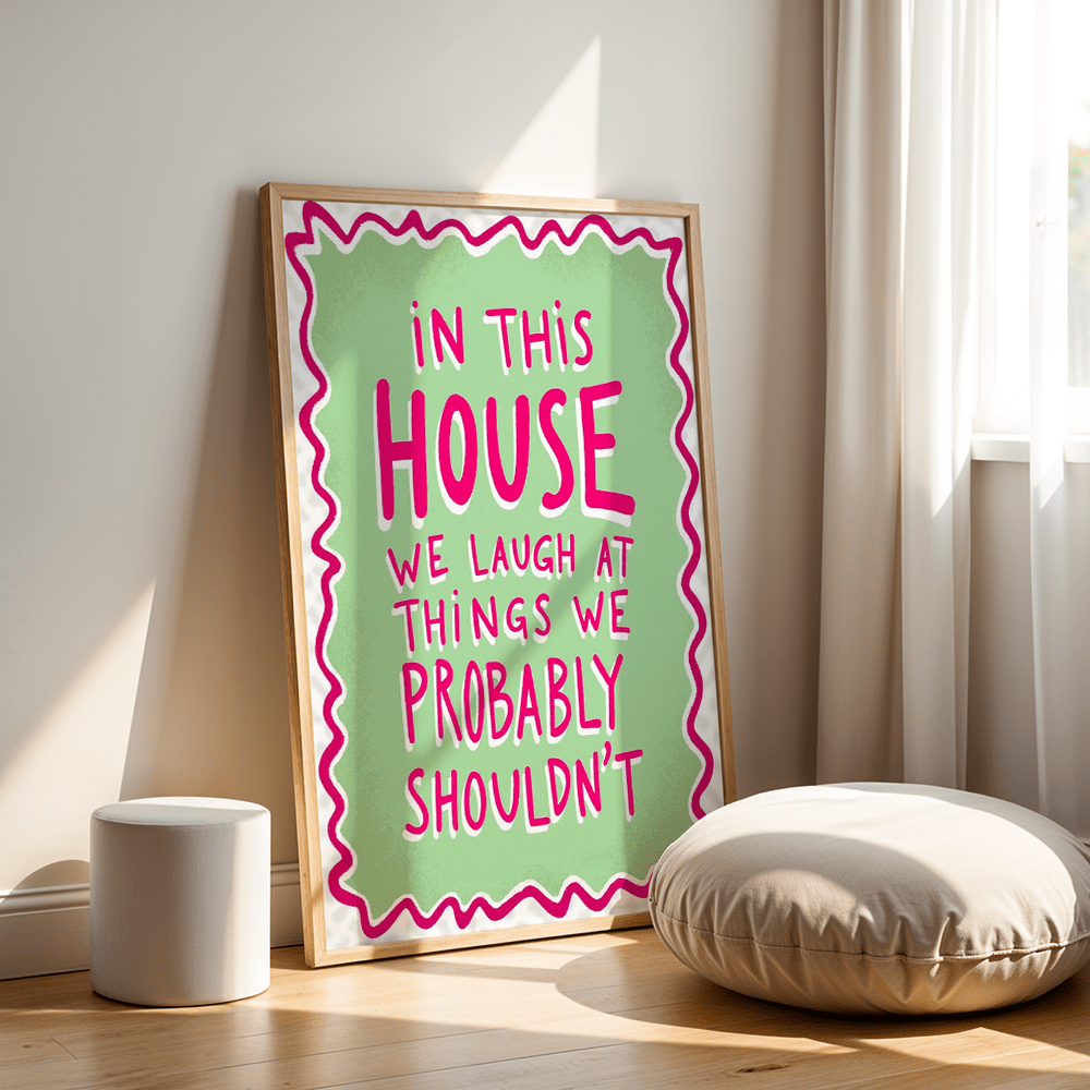 TEMU 1pc Pink And Green Text Quote Art Print | "we Laugh In This Home" Canvas Painting, Unique And Decoration, Gift For Living Room And Bedroom,