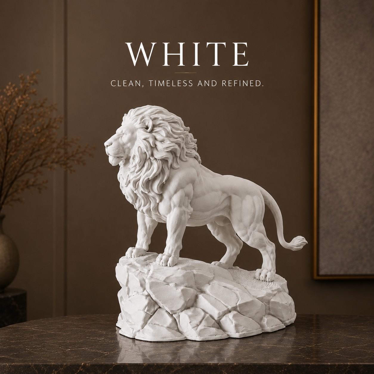 Image of Rock Standing Lion Figurine, Symbol Decorative Desktop Sculpture, White And Black , Luxury Ornament Gift For Office And Home Decor
