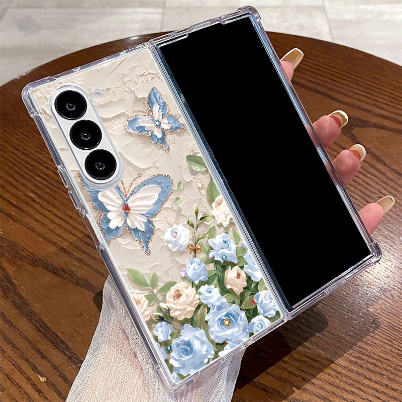 TEMU Phone Case - 5972 Blue Rose Folding Transparent Case For Z Fold Phone Case For Galaxy Z Fold 7, For Galaxy Z Fold 6, For Galaxy Z Fold 5, For