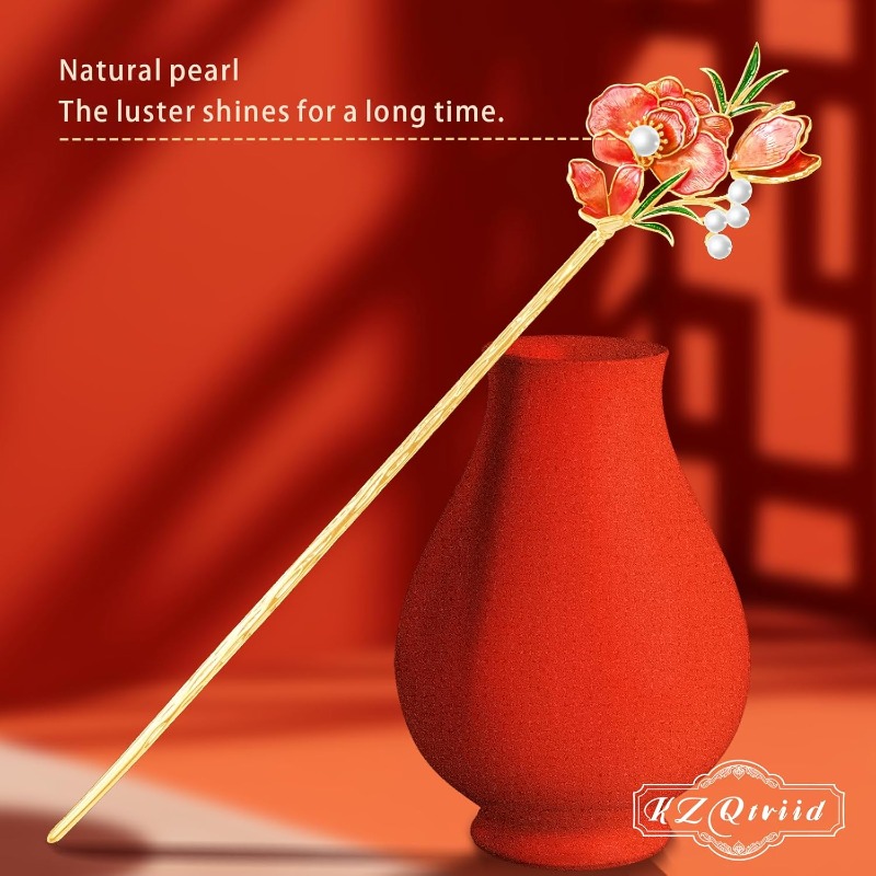 jewelry grade   floral hair stick dual purpose chinese hair clip chopsticks with red floral   everyday hairstyle elegant bridal or personal accessory gift for women Product details 5