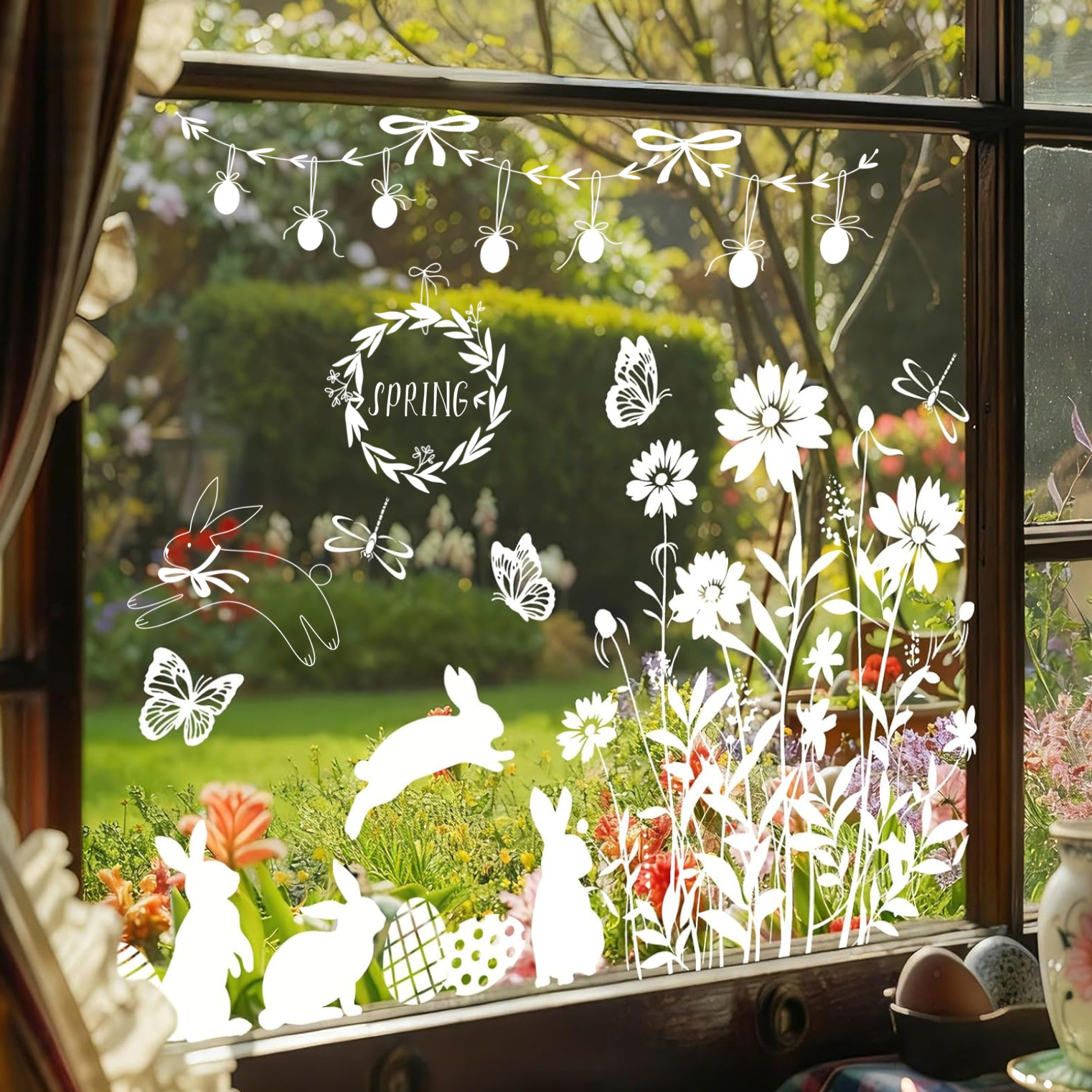 Easter Window Cling Stickers Window Decals Rabbit Flower Egg Reusable Decoration For Spring Party Shop Home