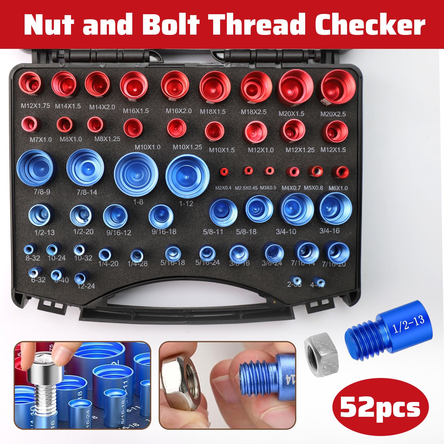 TEMU 52pcs Heavy-duty Nut & Thread Gauge - 24 Metric & 28 Sae Thread Checker Suitable For Bolts/nuts, Precision Measurement For Automotive,, Diy,