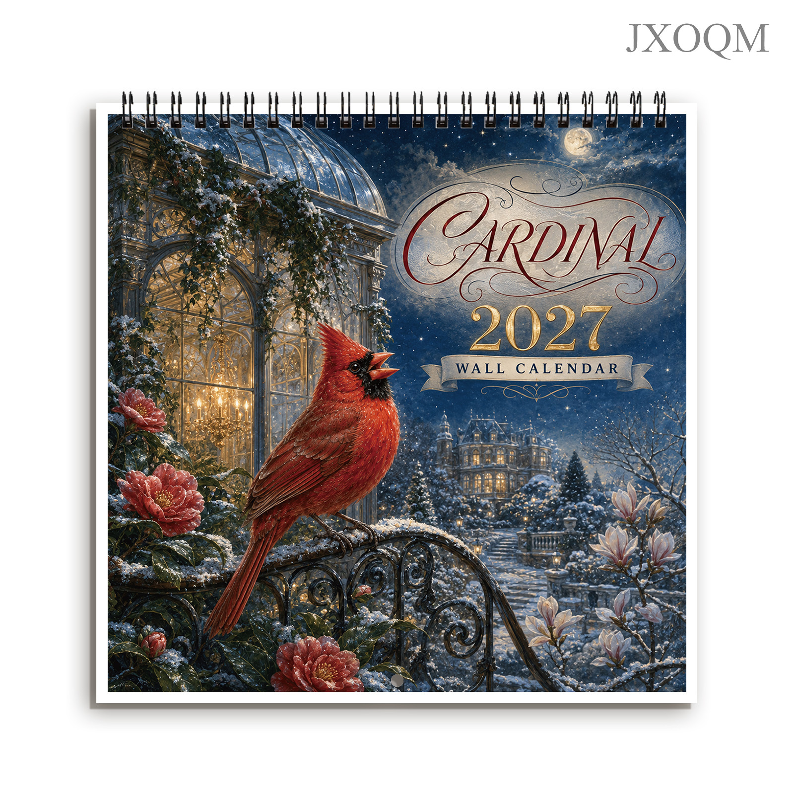 TEMU 1 pièce Calendrier mural d'hiver du Cardinal 2027 - Agenda mural suspendu 12 mois avec d'oiseaux rouges et d'art de nuit enneigée, calendrier