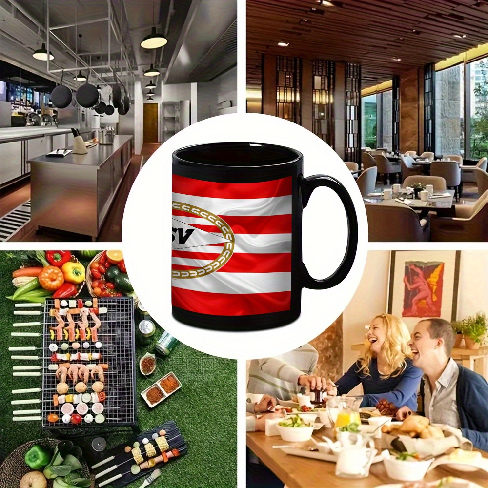 1pc 11oz PSV Logo Keramische Mok - Duurzame Beker voor Heet & Koud Drankje, Zwart met Rode & Witte Strepen, Gouden Cirkel Ontwerp - Ideaal voor Kantoor, Thuis, en Cadeau