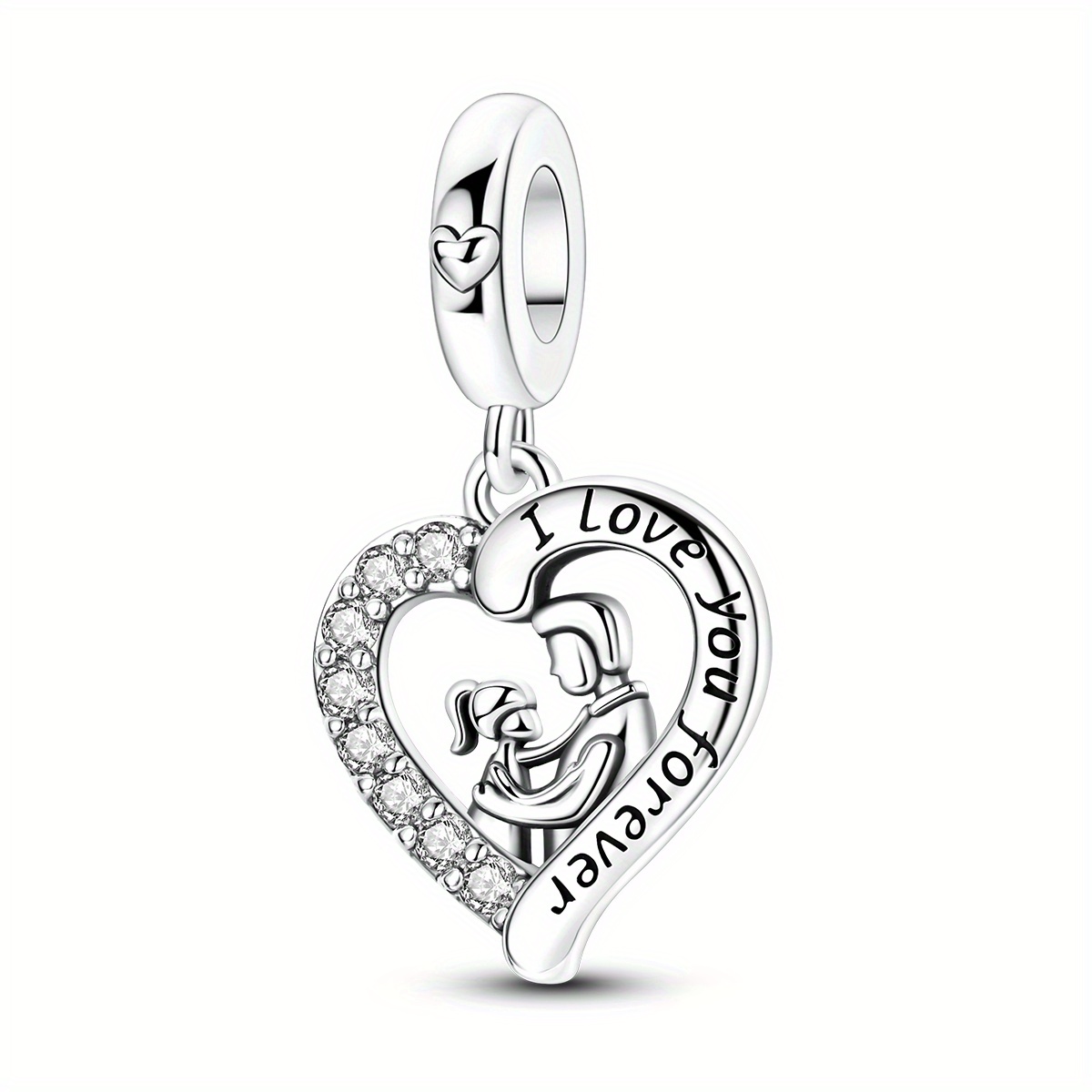 TEMU 1pc Silvery-plated Simple Sparkling Cubic Synthetic Cubic Zirconiaia Simple Father Daughter Heart Charm Fit Original Bracelet Necklace Beads For