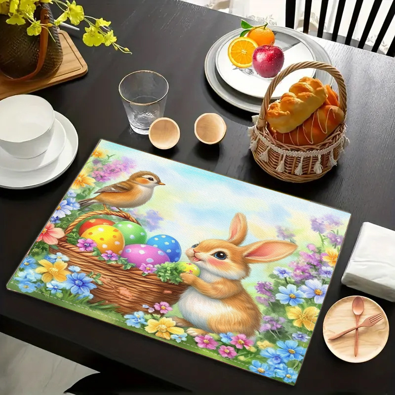 

4/6/8pcs Easter-themed Bunny Egg Printed Placemats, Personalized Heat-resistant Table Mats, Desktop Protection, Washable Placemats, Home Kitchen Supplies, Party Holiday Room Scene Decorations.