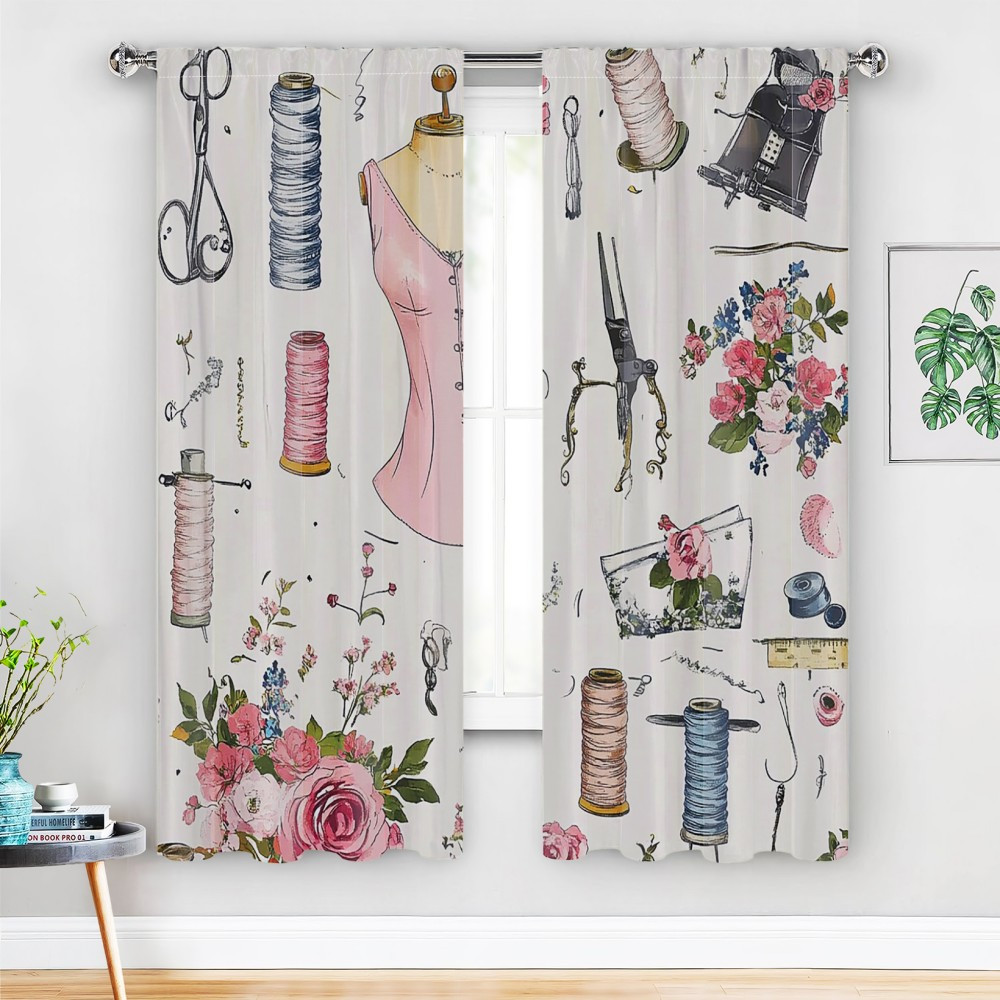 

Chic Sewing-themed Watercolor Curtains For ' Room - 2pcs Set, Polyester, Multiple Sizes