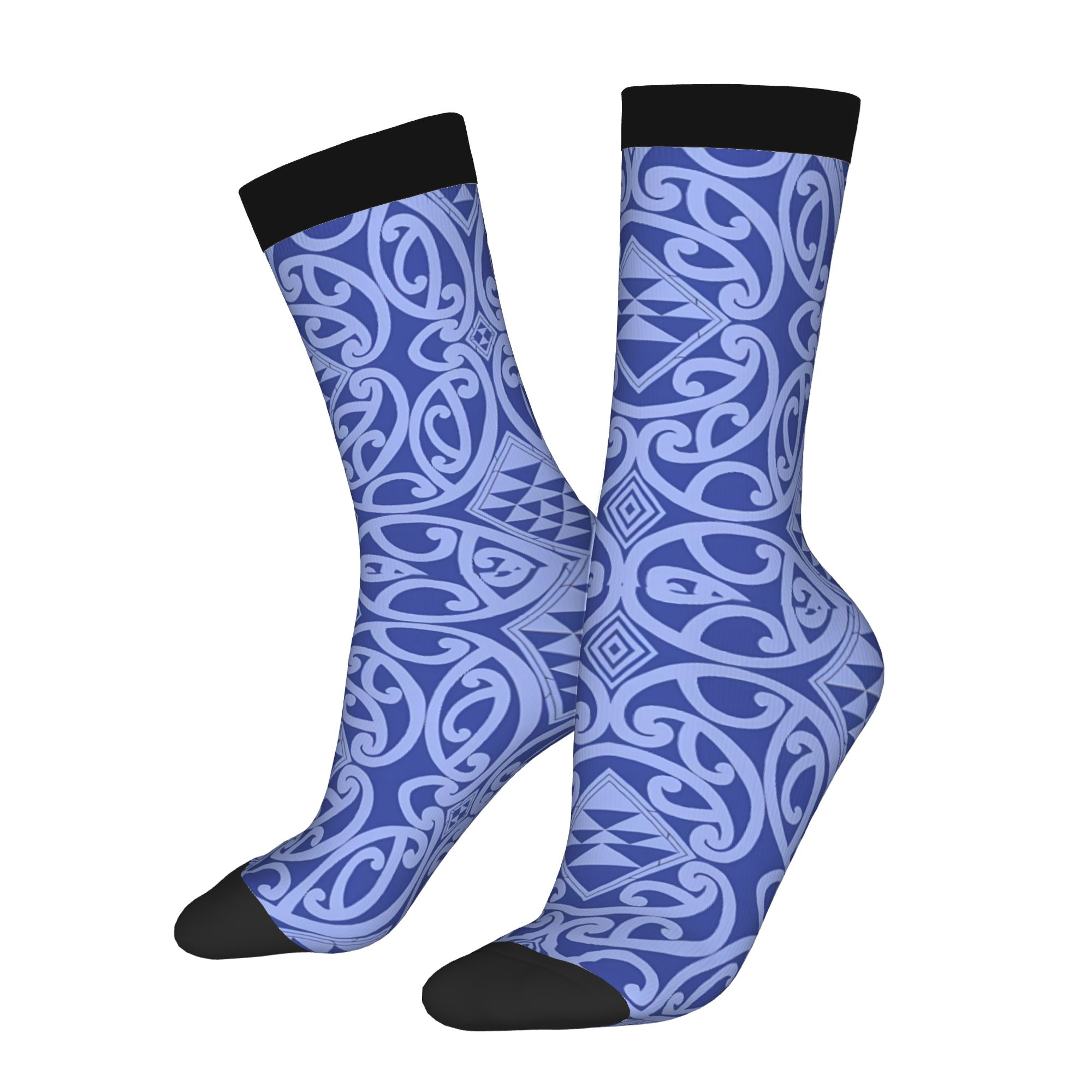TEMU Dark Blue Maori Design Fashionable Retro Crew Socks For Genders, Must-have Trendy Streetwear For Season