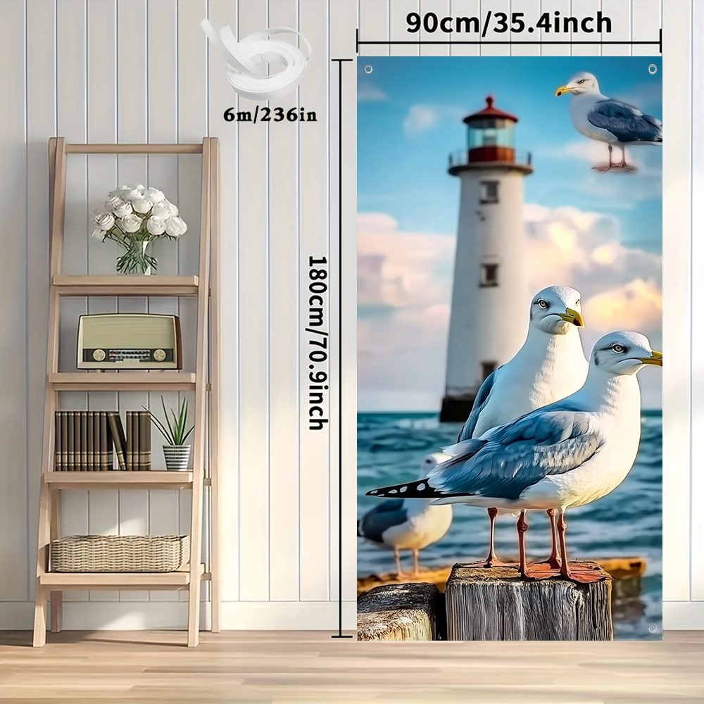 TEMU 2d Flat, 2d Door Banner, 1pc Nautical Door Banner With Lighthouse, & Sailboats - Coastal Wall/door Decoration For Beach Parties, Summer Homes,