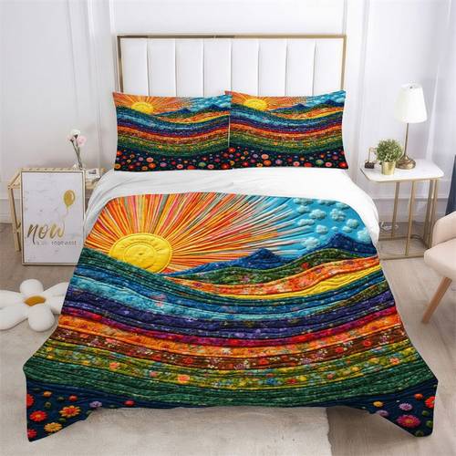 2d flat 3pcs colorful sunshine landscape quilt bedspread artistic design bedroom comforter vib nt ow flo l print bedding bohemian style decor for master gift 1 duvet cover 2 pillowcases