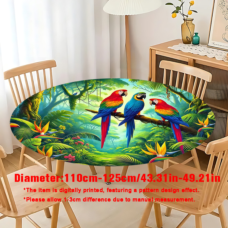 TEMU Nappe Ronde Extensible 2D Imprimée Numériquement de Qualité, Thème Jungle , Perroquet et Fleurs, pour Maison, Cuisine, Salle à Manger, Fêtes,