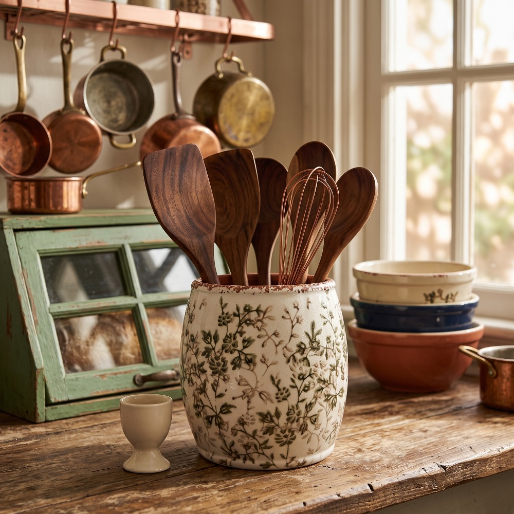TEMU Porte-ustensiles de cuisine en céramique à motif floral de style ferme, grand pot à bec large à glaçure craquelée, panier de rangement vintage à