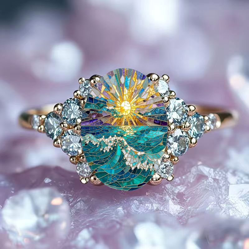 TEMU 1pc Elegant Oval Women's Ring With And Ocean , Ideal Jewelry Gift For Valentine's Day, Anniversary, Birthday, Party, Wedding, And Gathering