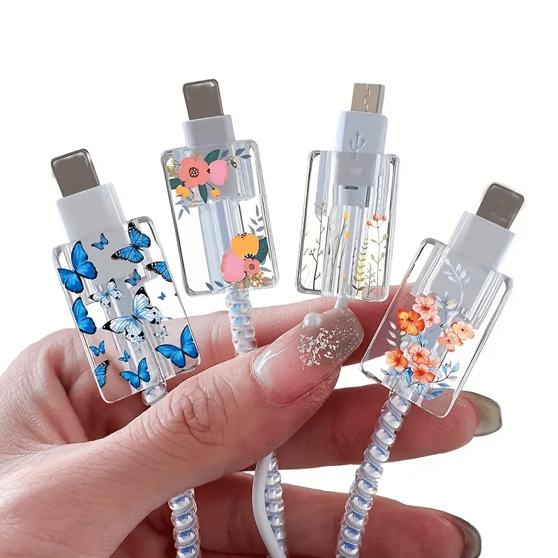 4pcs Leopard Print Suitable For Ios Phone Charging Cable Holder Protective Case, Cute Fruit Flower Protector