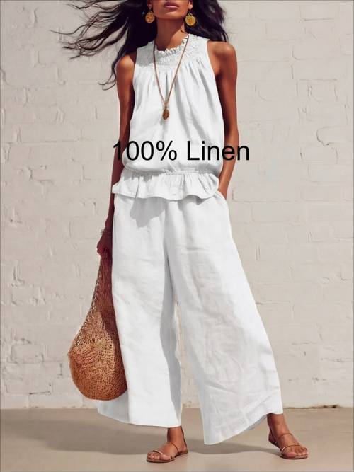 item picture womens spring summer elegant commuting fashion loose retro bohemian ruffle edge linen two piece set