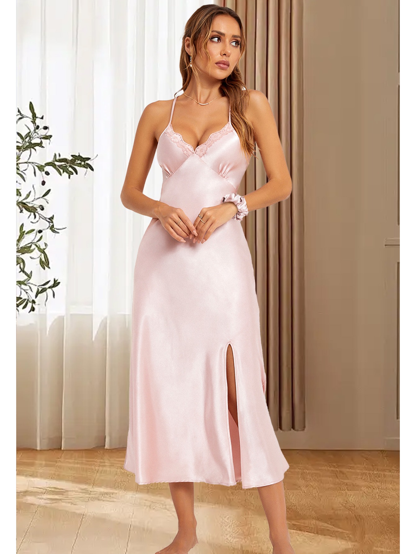 ladies long sleep dress made satin featuring lace - Temu Mauritius